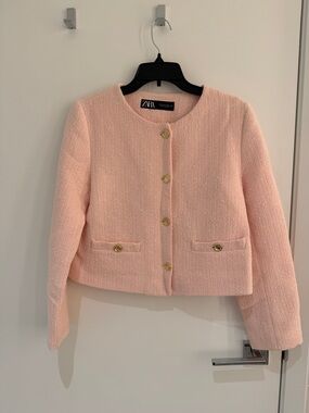 Zara Pale Pink Tweed Cropped Jacket with Gold Buttons